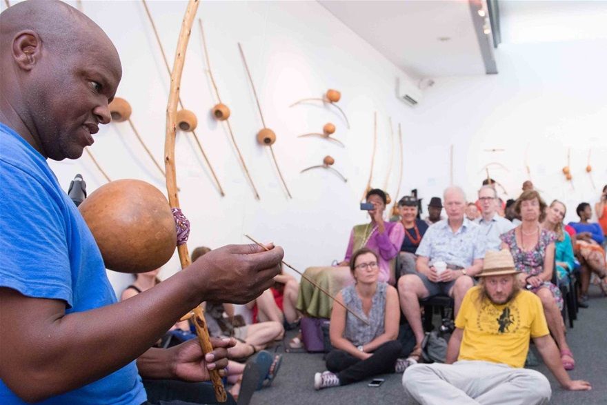 Luka Mukhavele and Dizu Plaatjies at the Bow Playing Workshop at KZNSA Gallery. Photo by Val Adamson